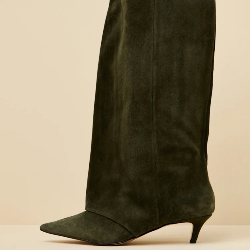 STEVE MADDEN LUCA KITTEN HEEL KNEE HIGH BOOTS OLIVE SUEDE - Picture 3 of 15